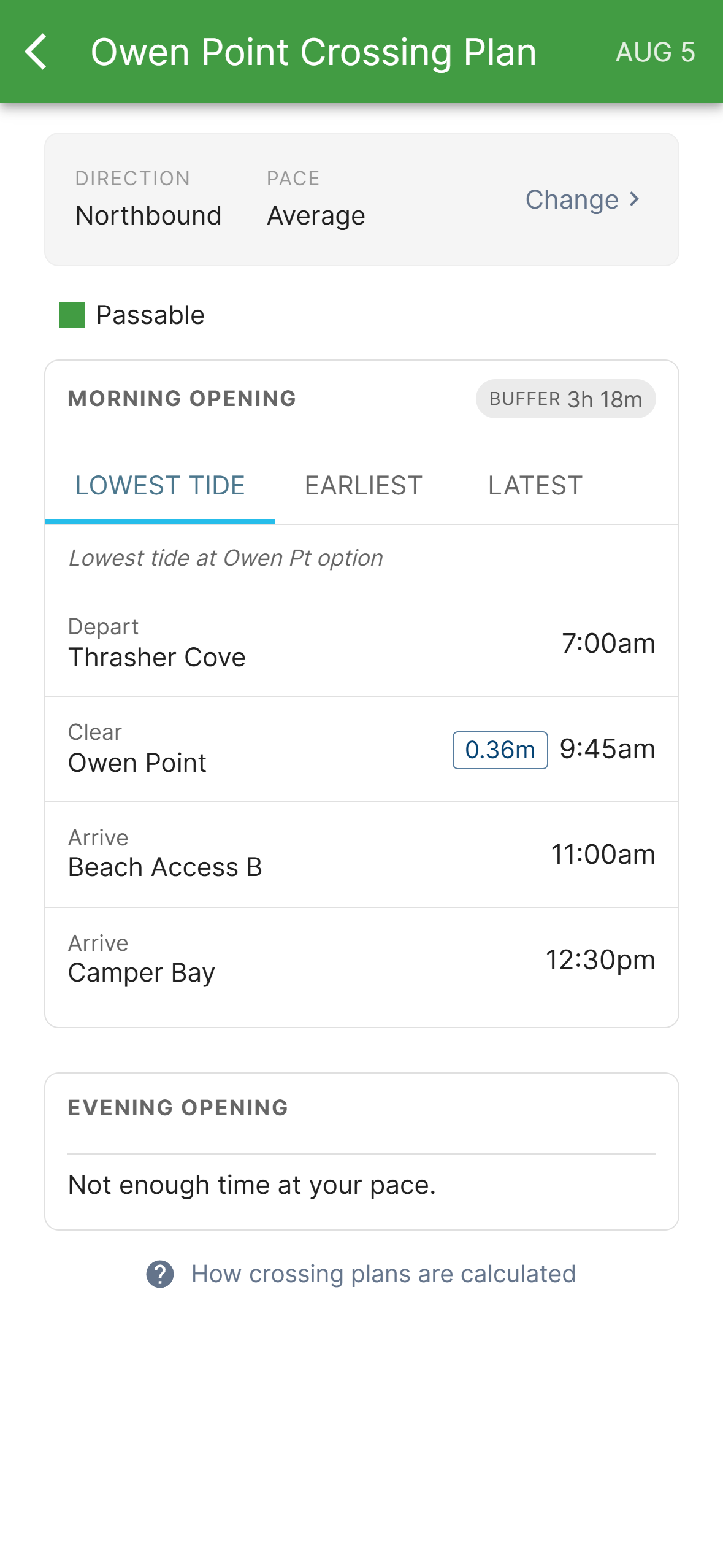 Owen Point Crossing Plan: depart Thrasher Cove, clear Owen Point, reach Beach Access B