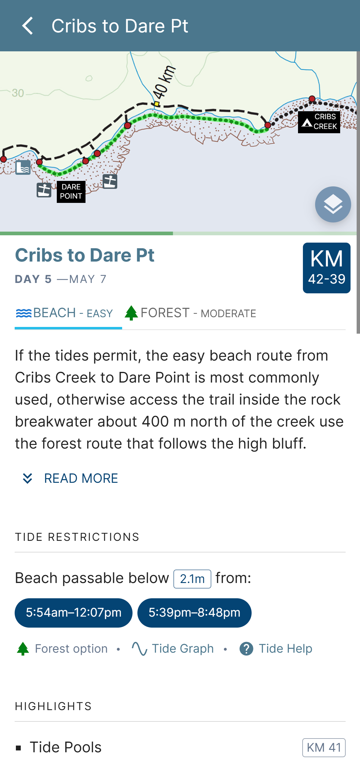Passable windows for the Cribs to Dare Pt beach section on Day 5 of a trip itinerary