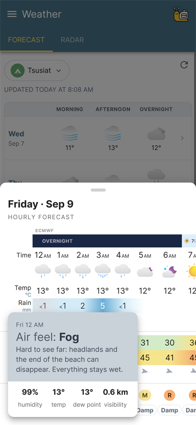 West Coast Trail Weather Hourly - Air Feel